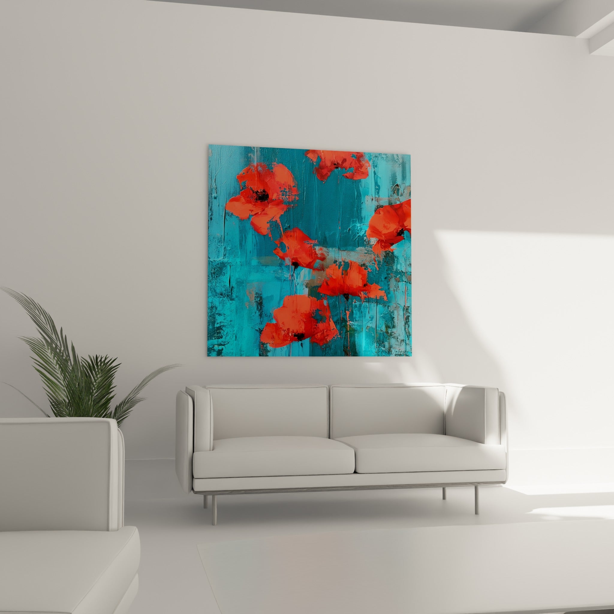 Pétales de coquelicot orangés éclatant sur bleu pétrole, disposés au-dessus d'un canapé dans un salon lumineux