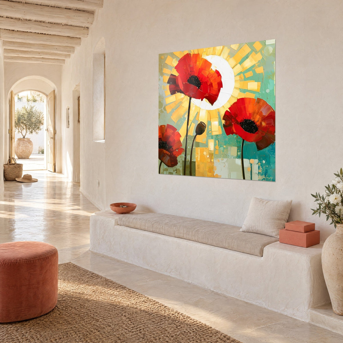 Tableau trois fleurs de pavot rouge vif, rayons jaune beurre en touches de couteau, mur chaulé blanc, banquette d'une maison méditerranéenne