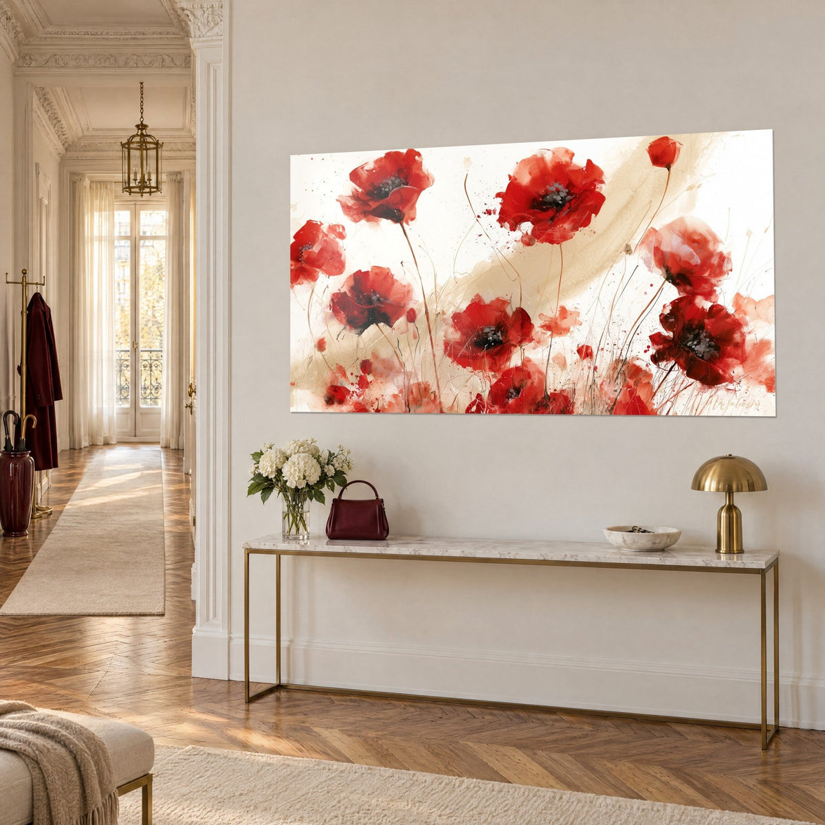 Wall art of purple poppy flowers and a crimson bud, fine copper stems on an ivory background, above a gilded Haussmann-style console