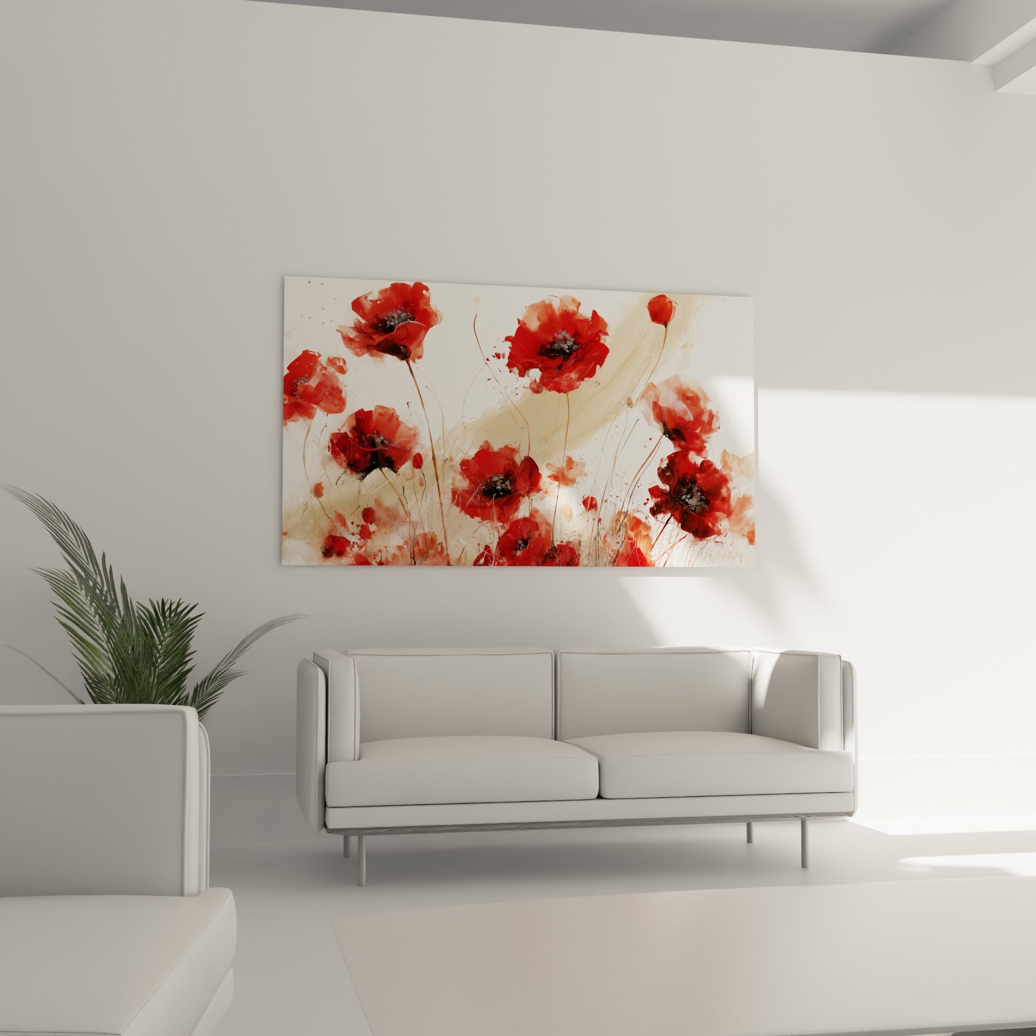 Pétales de coquelicots rouges et roses sur fond sable, disposés au-dessus d'un canapé dans un salon lumineux