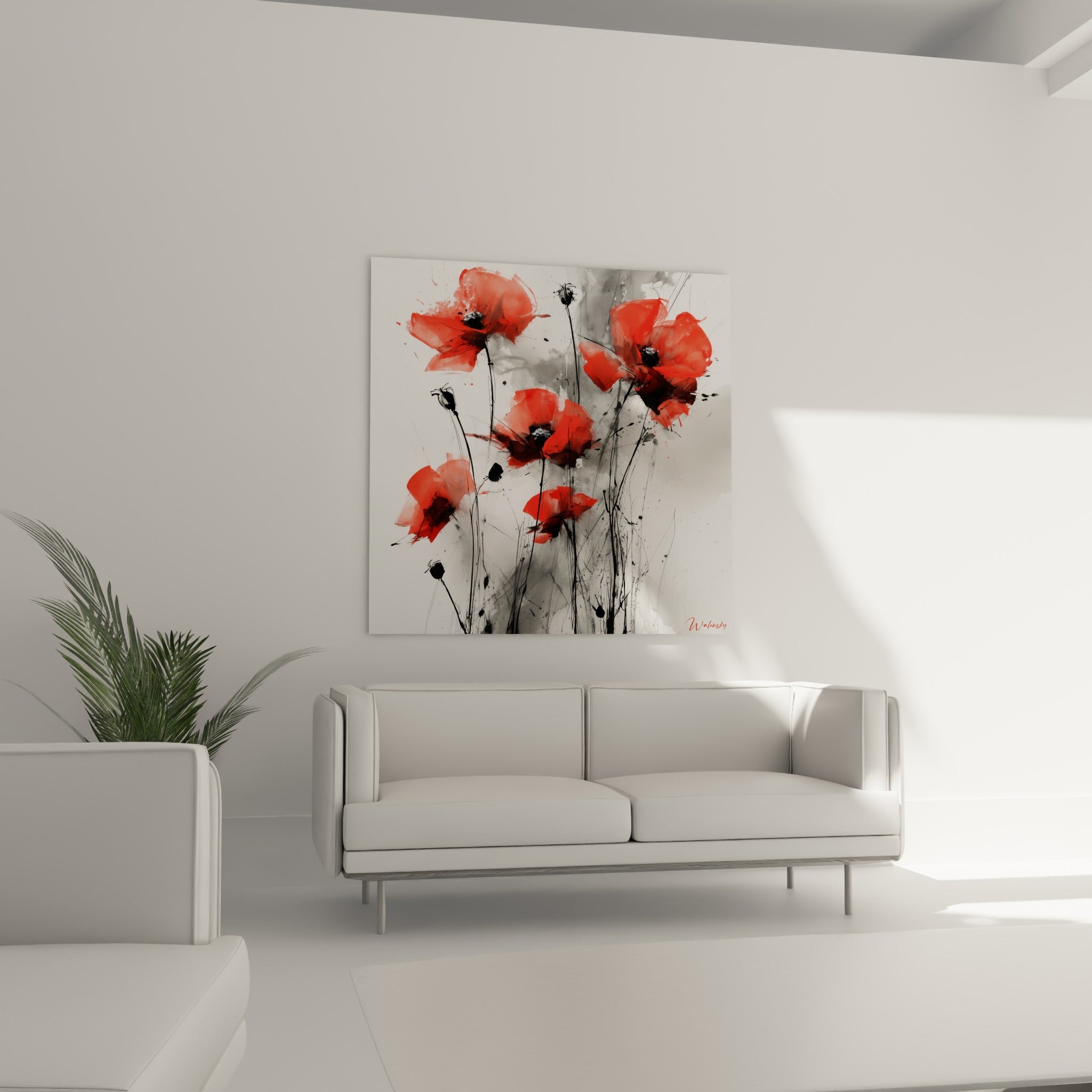Pétales rouge orangé et tiges noires filiformes du tableau coquelicot, au-dessus d'un canapé dans un salon lumineux