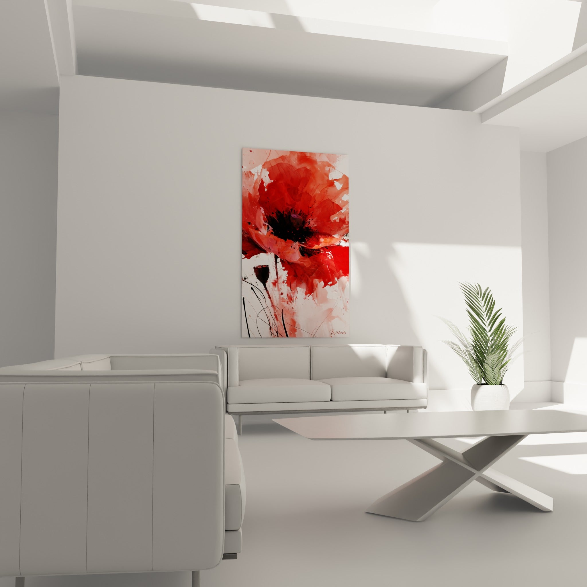 Pétales de coquelicot terracotta et cœur anthracite, disposés au-dessus d'un canapé dans un salon lumineux