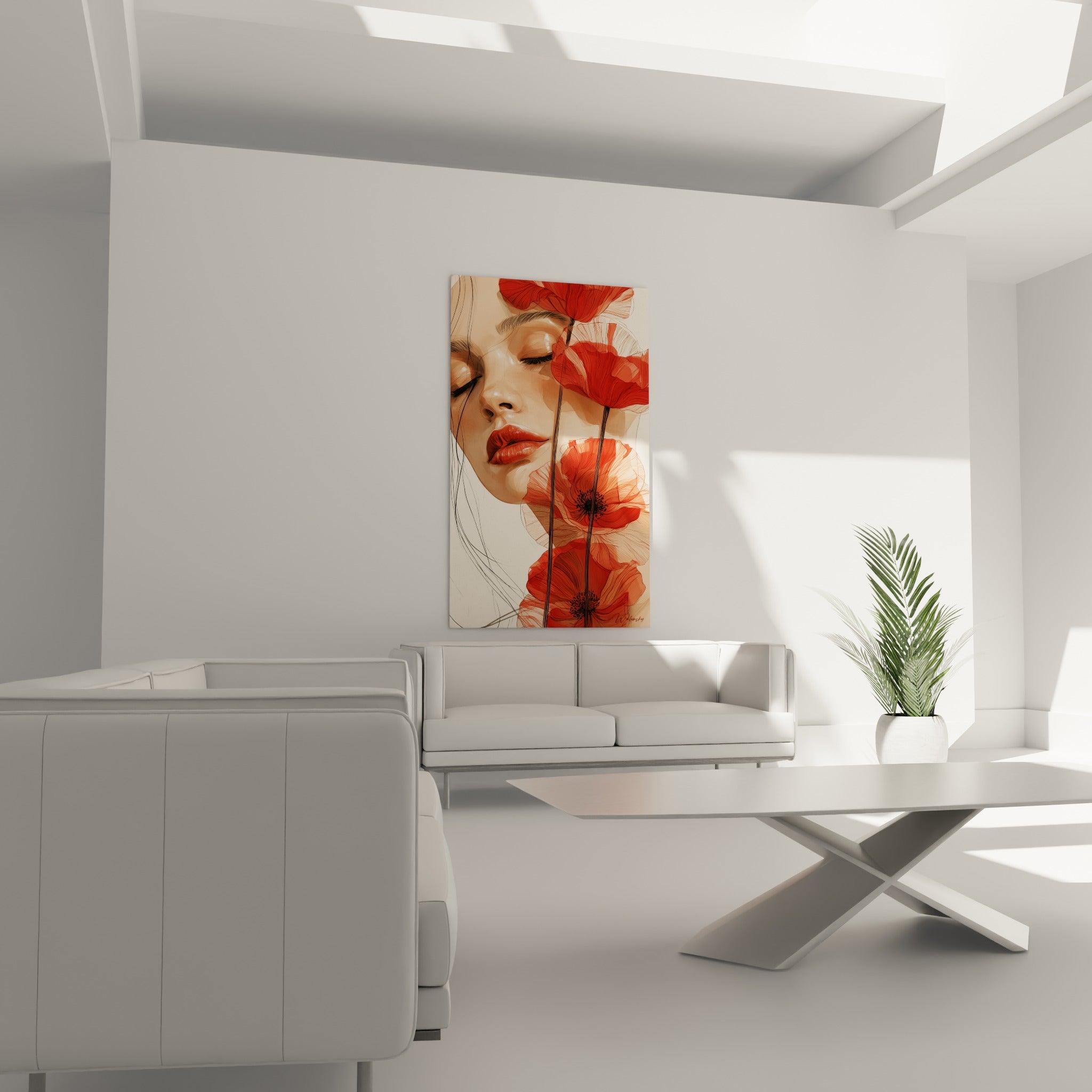 Fleurs Coquelicot rouge vif encadrant un visage serein, au-dessus d'un canapé dans un salon lumineux