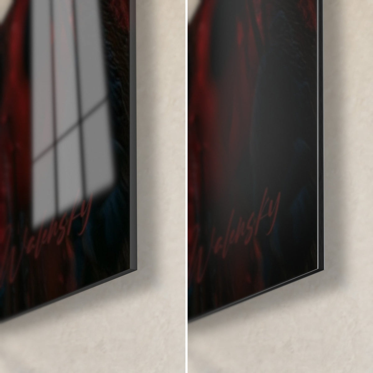 Tableau fleurs de coquelicot rouge vif, coin bas droit : verre acrylique brillant à reflets, Dibond noir mat, tranche de 3 mm