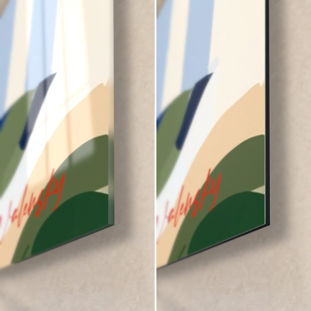 Tableau fleurs rouges sur nappe ondulée verte et beige, coin bas droit : verre acrylique brillant et alu Dibond mat, tranche 3 mm