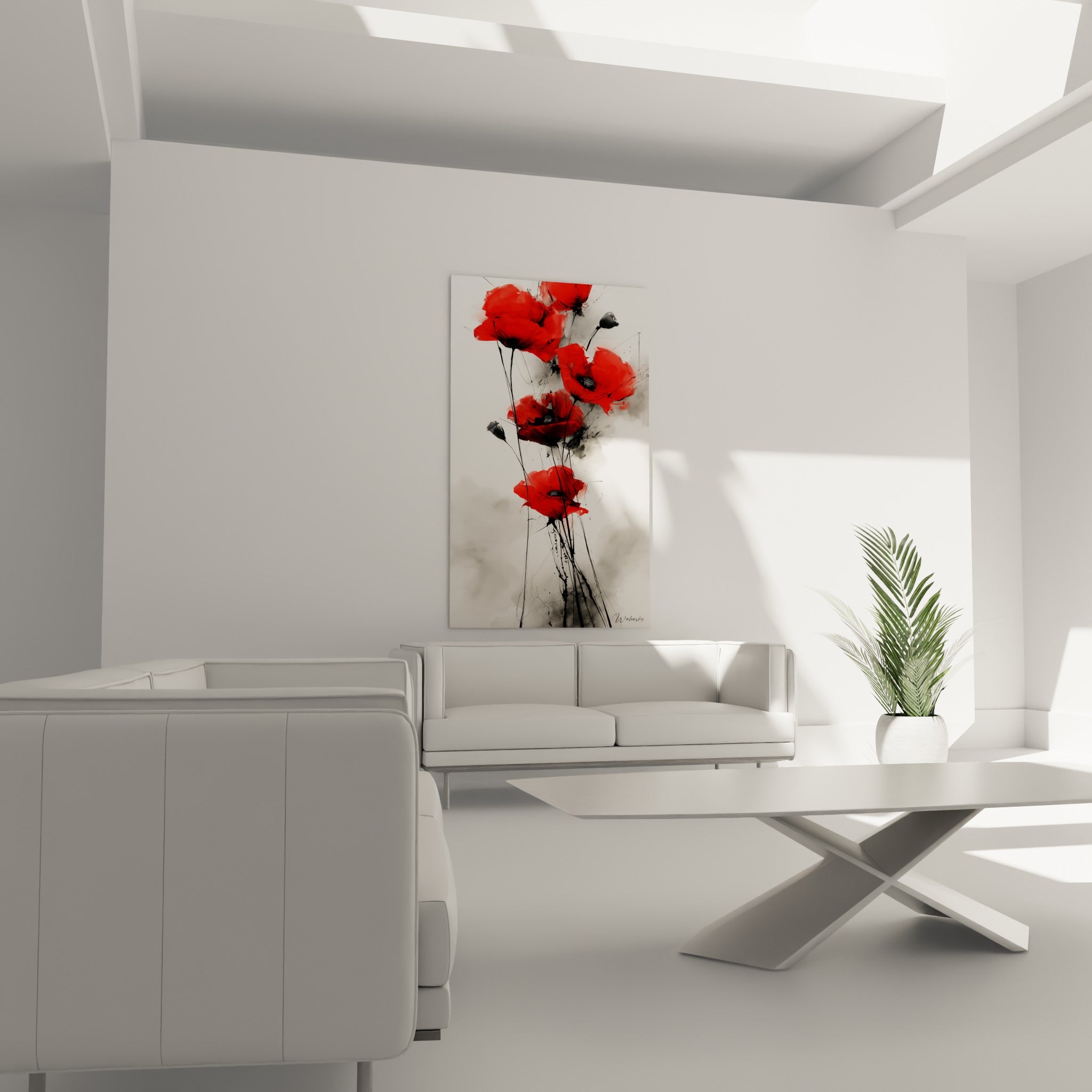Pétales rouges et cœurs sombres des coquelicots surplombent un canapé dans un salon lumineux