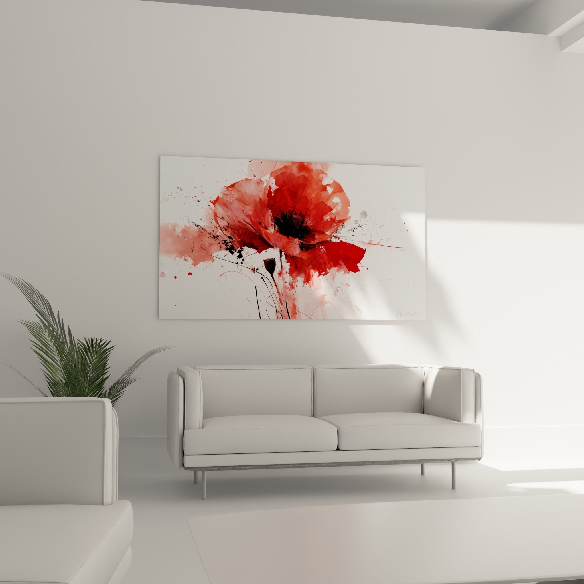Pétales rouge intense et cœur noir profond du coquelicot, au-dessus d'un canapé dans un salon lumineux