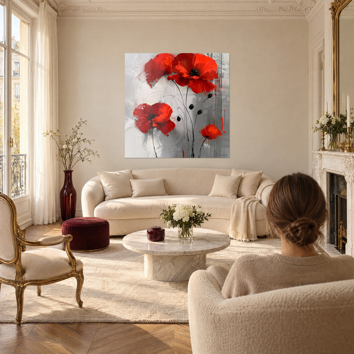 Cuadro de amapolas escarlata vivo con corazones negros, fondo gris texturizado, una mujer de espaldas, sobre un sofá en un salón luminoso