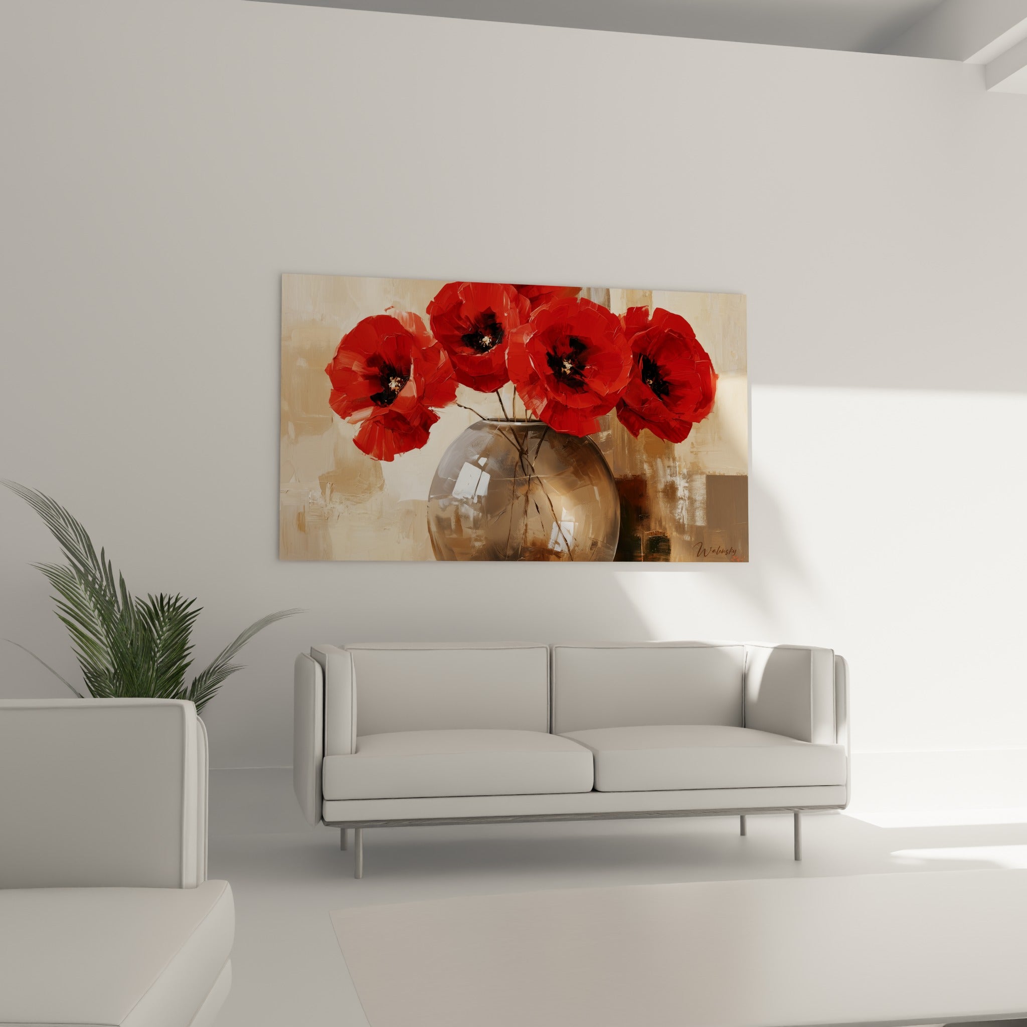 Pétales rouges texturés et vase rond gris-brun, disposés au-dessus d'un canapé dans un salon lumineux