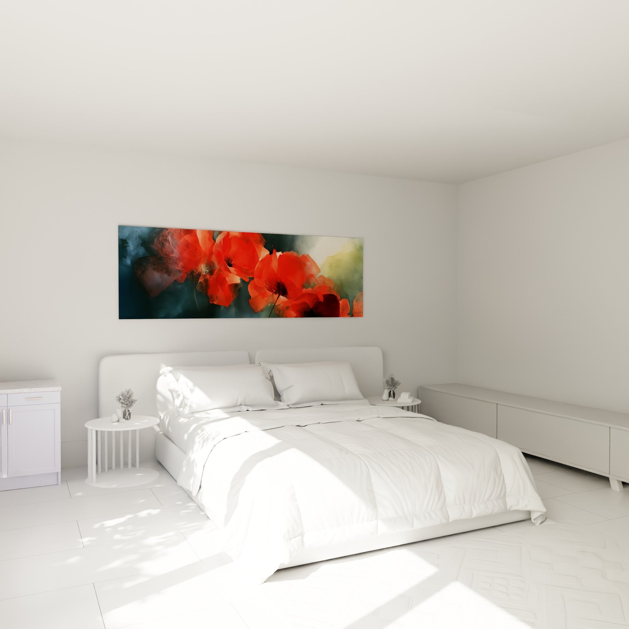 Bouquet de coquelicots rouges et bordeaux au-dessus d'un lit dans une chambre claire