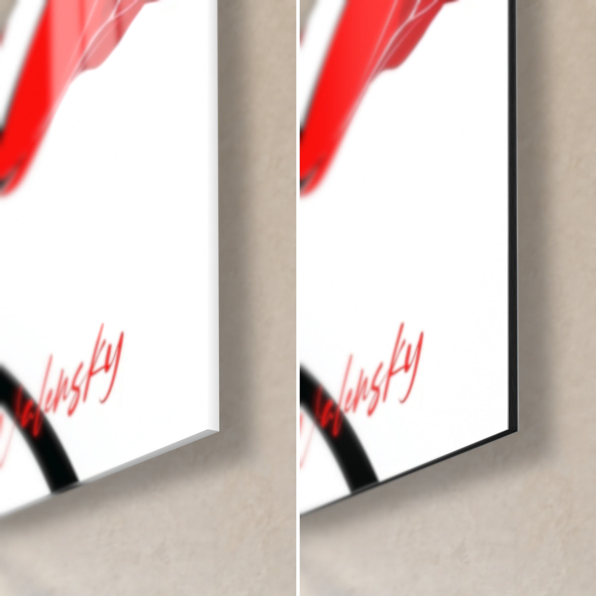 Tableau corolles rouges et signature Walensky, coin bas droit : verre acrylique brillant à gauche, Dibond noir mat à droite, tranche de 3 mm