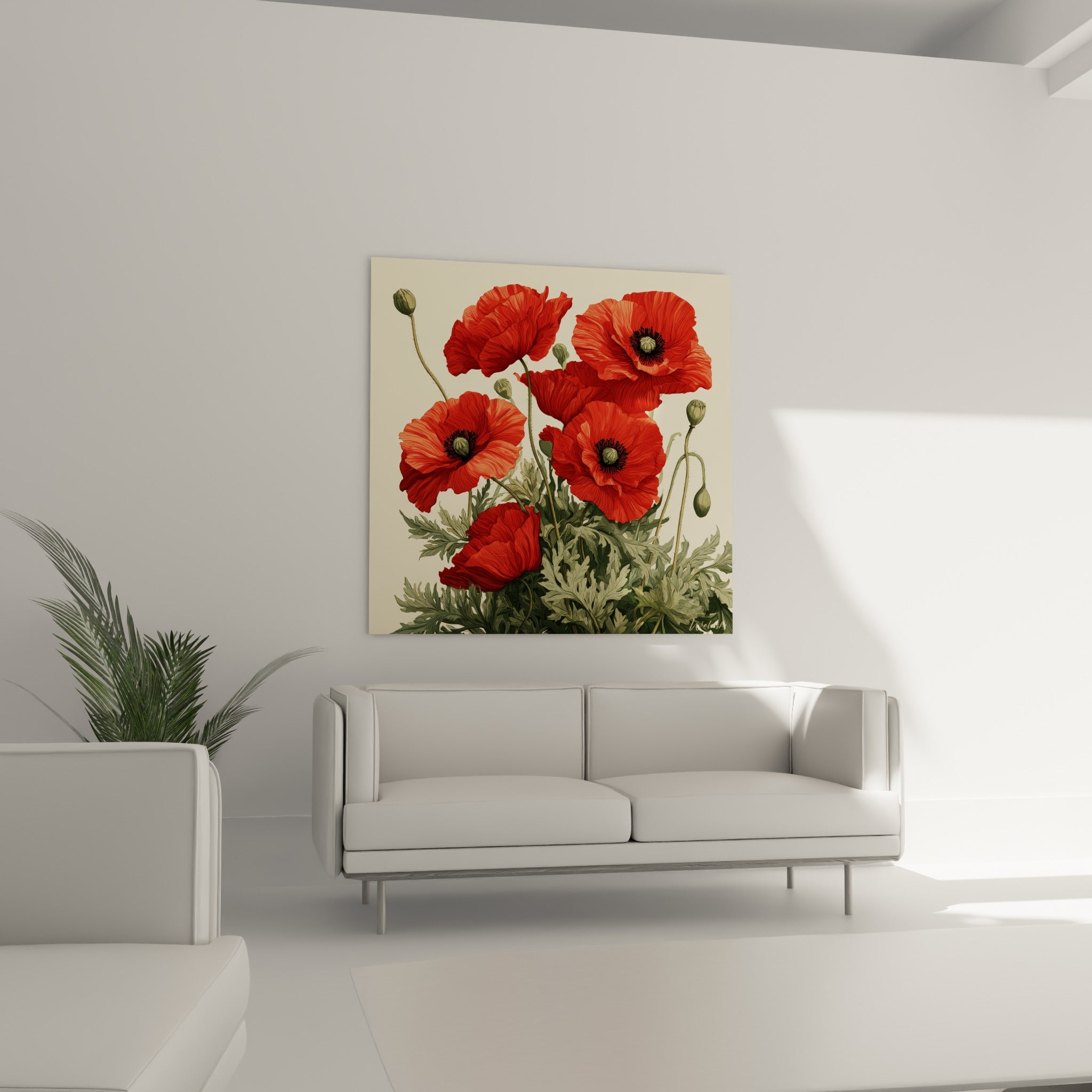 Fleurs de coquelicot rouge vif et boutons vert sauge illustrés avec précision, au-dessus d'un canapé dans un salon lumineux