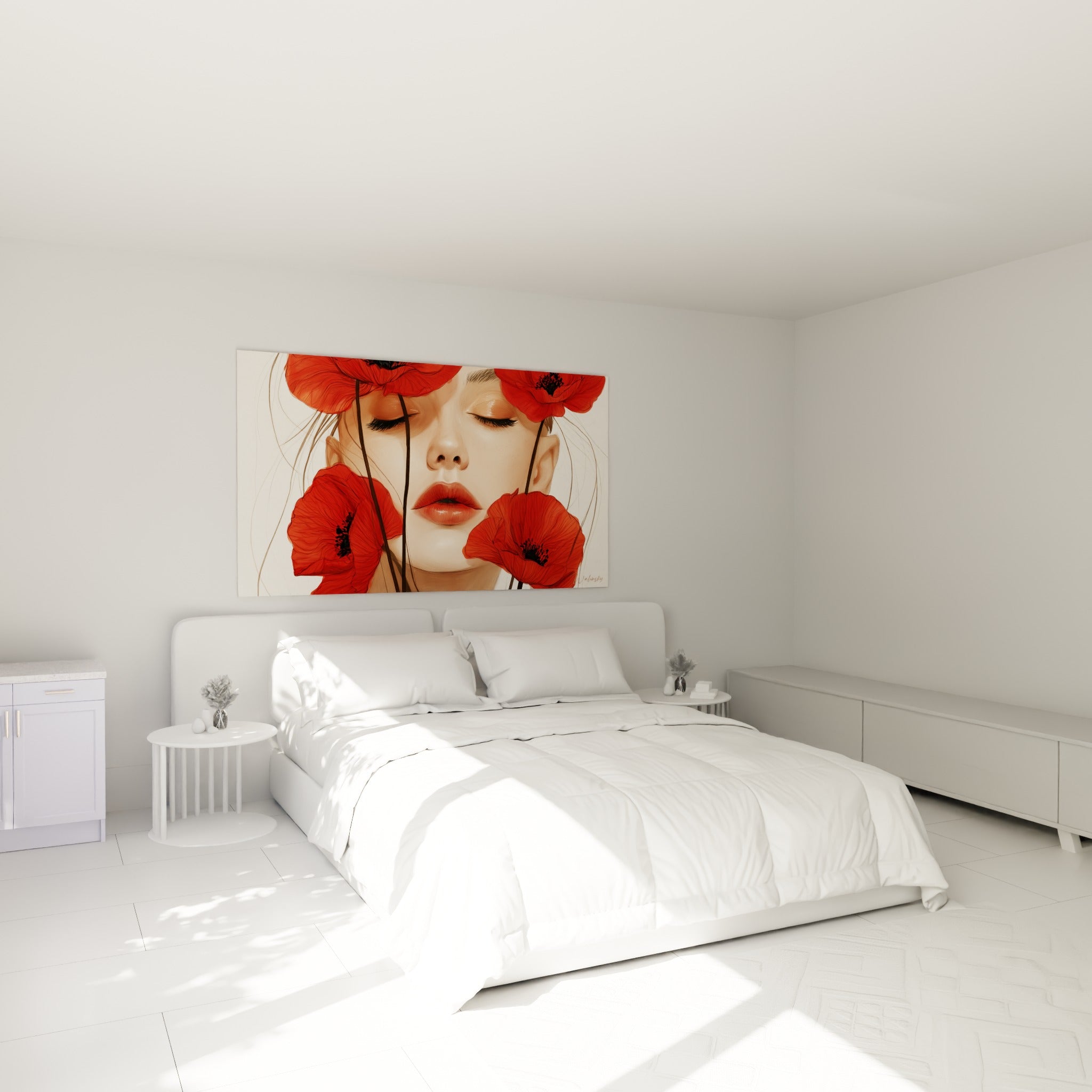 Coquelicot rouge vif et visage serein au-dessus d'un lit dans une chambre claire aux tons doux