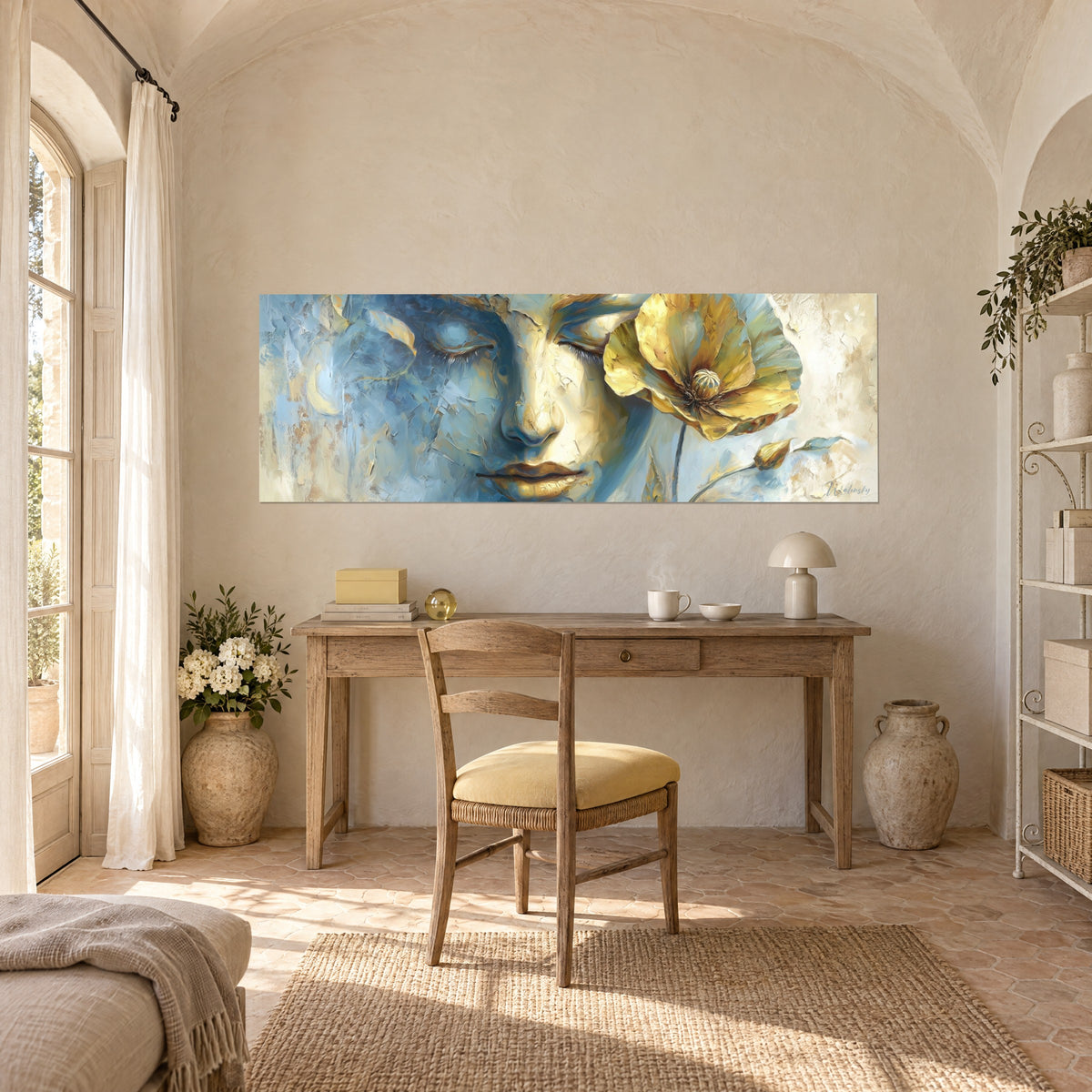 Πίνακας floral ονειροπόλημα, γαλαζωπό πρόσωπο, χρυσά χείλη και κίτρινο λουλούδι, πάνω από γραφείο από ανοιχτόχρωμο ξύλο με καρέκλα