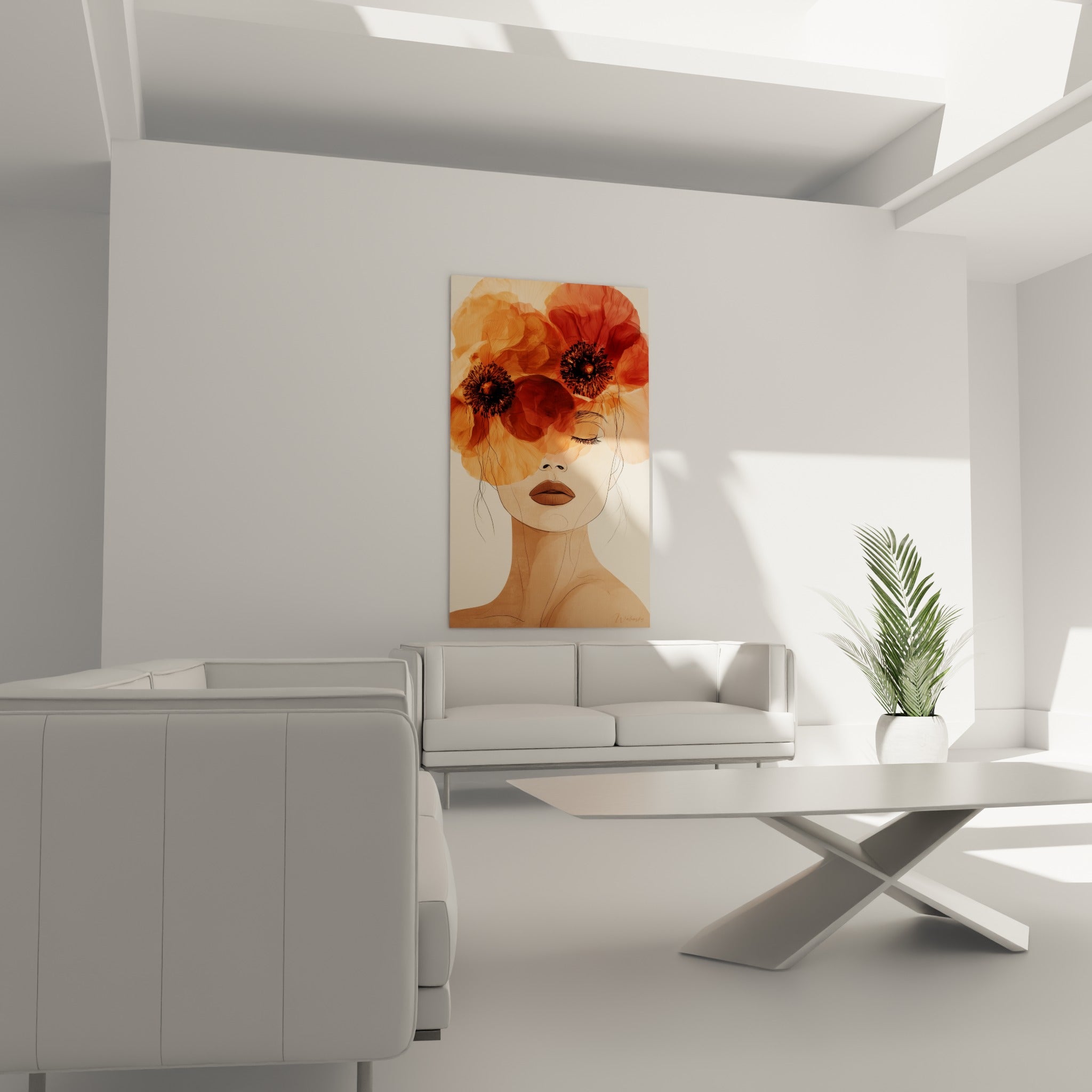 Portrait aux fleurs terracotta et corail, au-dessus d'un canapé dans un salon lumineux