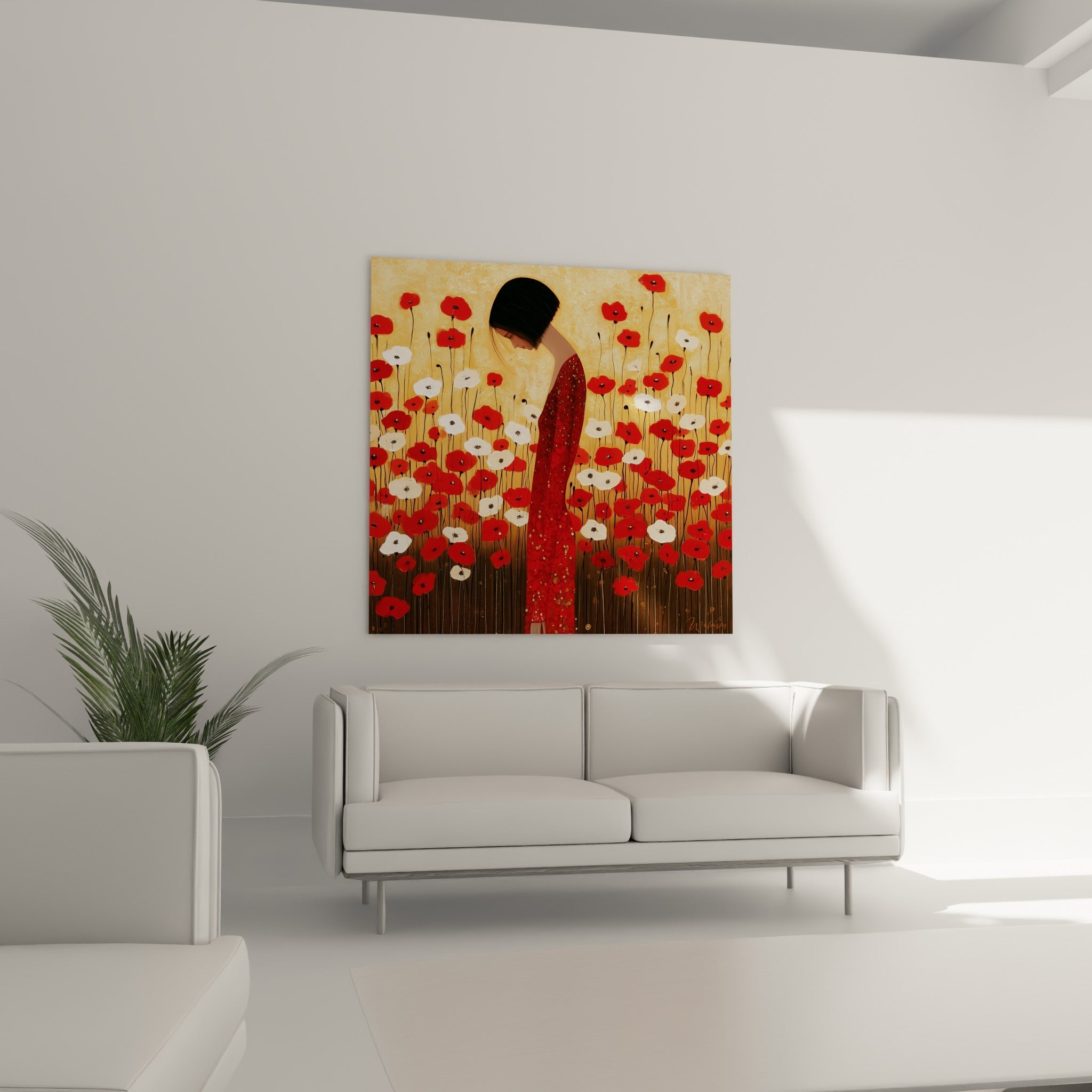 Chevelure sombre et robe pailletée émergent des fleurs rouges et blanches, au-dessus d'un canapé dans un salon lumineux