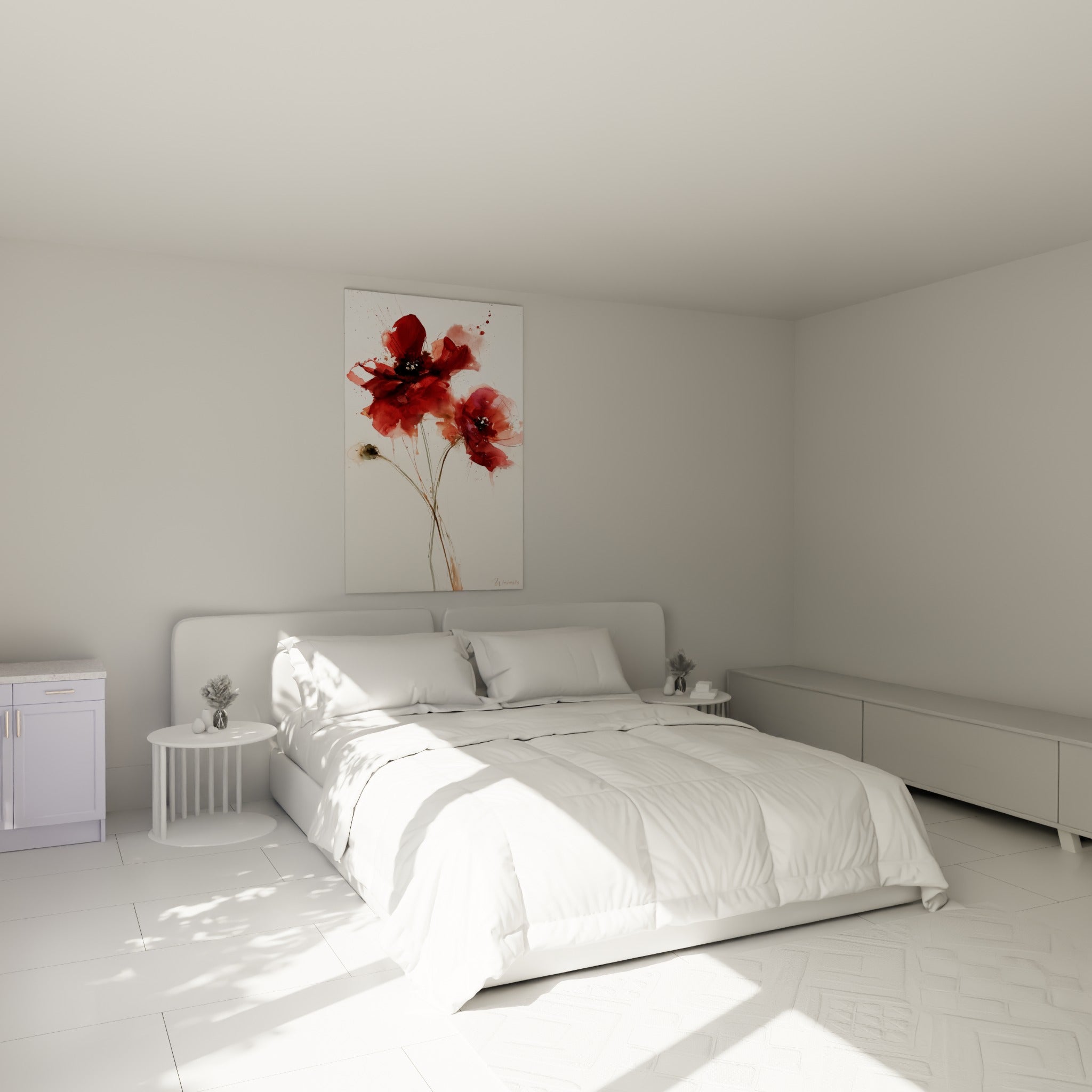 Coquelicots rouge carmin et rose éclaboussés en aquarelle, accrochés au-dessus d'un lit dans une chambre claire