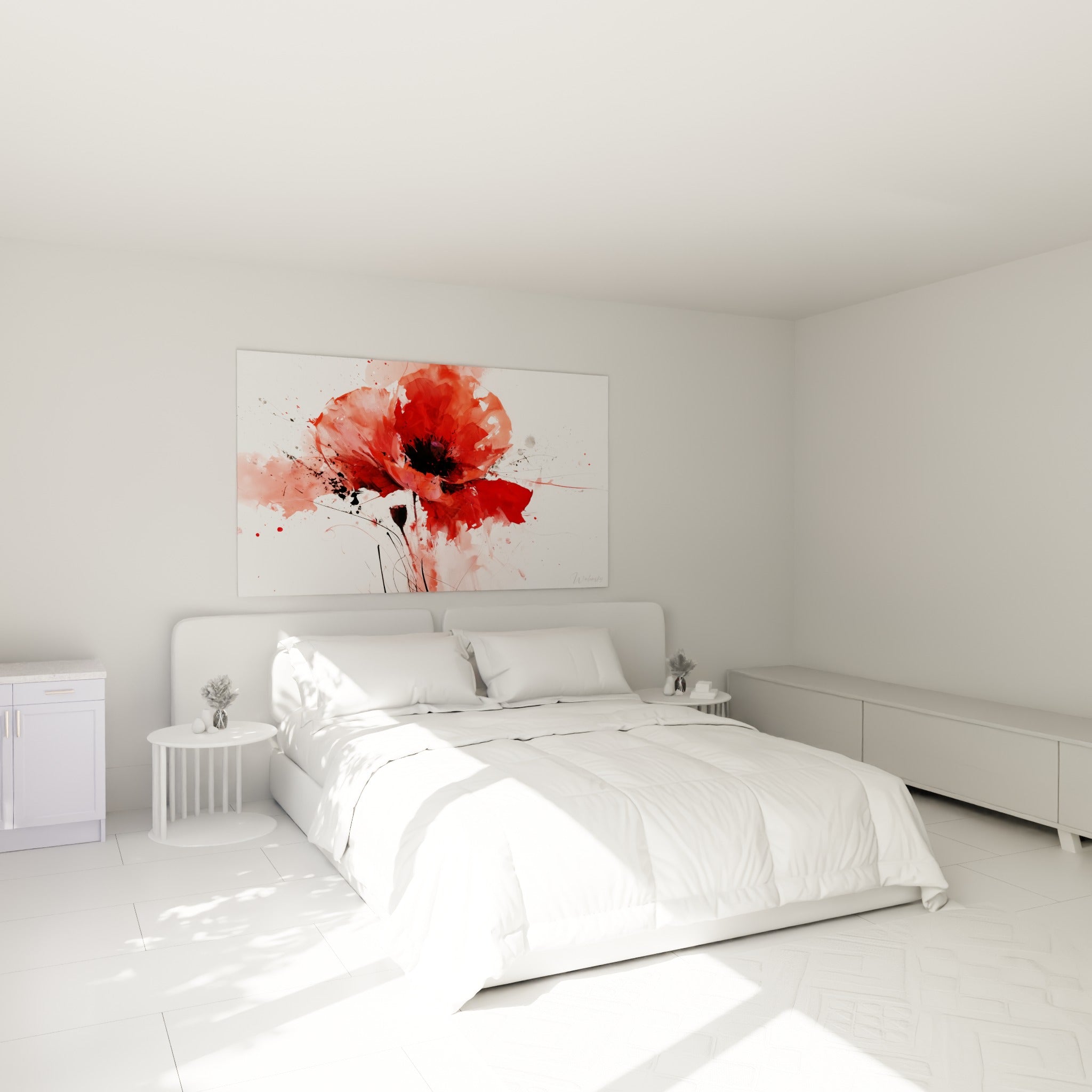 Fleur rouge et rose pâle aux traits d'encre noire, accrochée au-dessus d'un lit dans une chambre claire