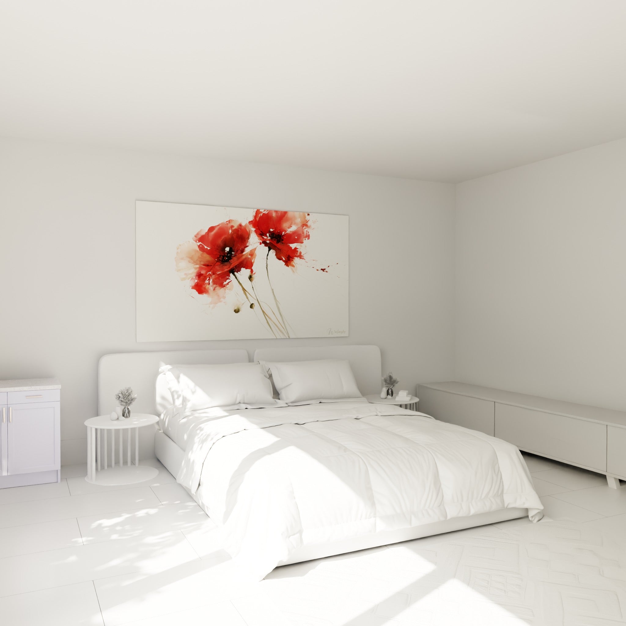 Fleurs de coquelicot rouge et rose éclaboussées, accrochées au-dessus d'un lit dans une chambre claire