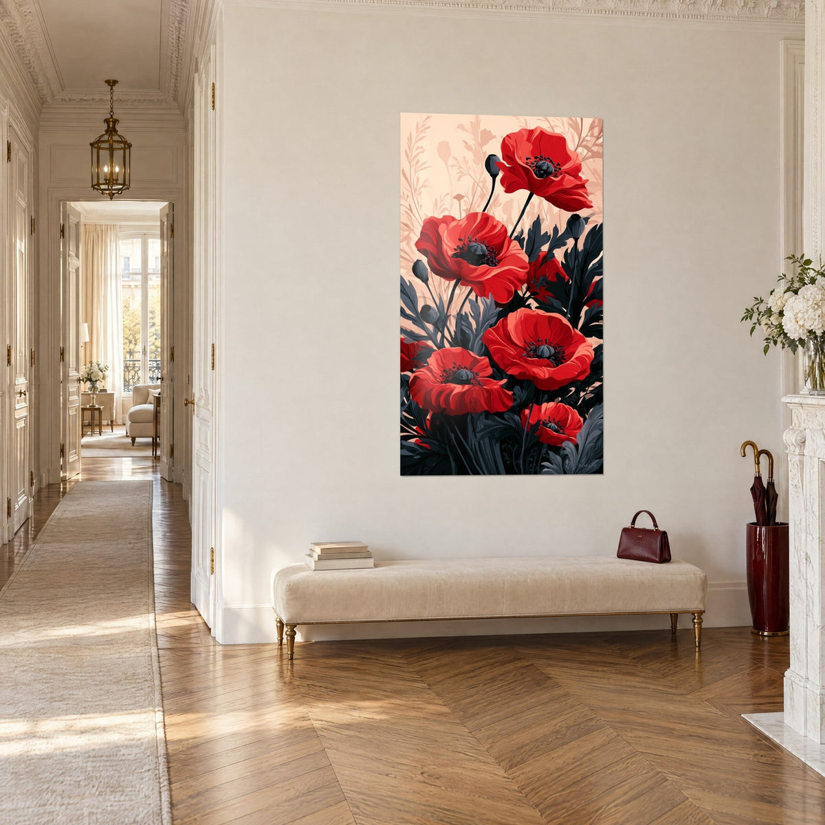 Wall art bouquet of bright red poppies with black stems on a pale pink background, cream wall, beige banquette, Haussmann-style hallway