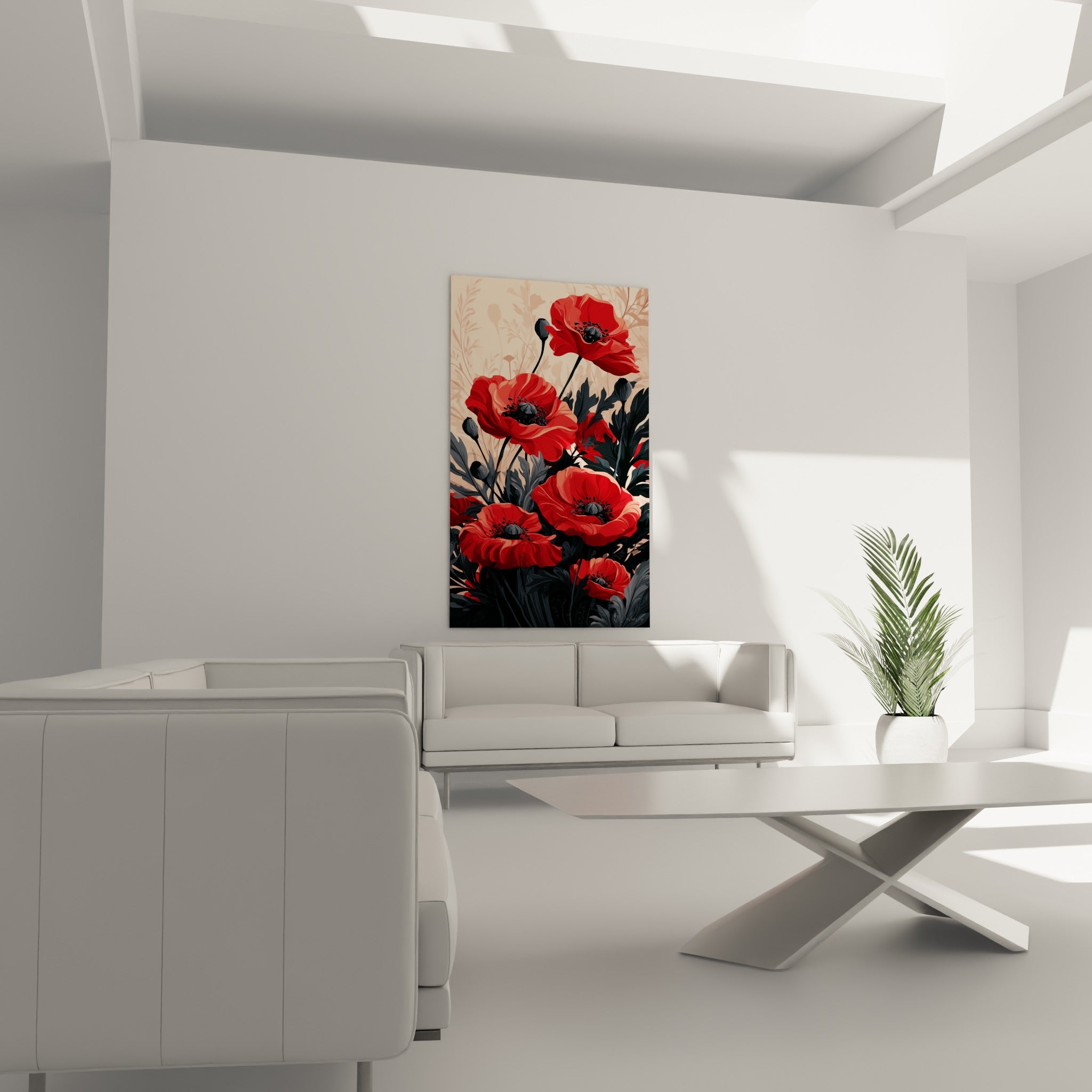 Fleurs de coquelicot rouge et rose pâle disposées au-dessus d'un canapé dans un salon lumineux