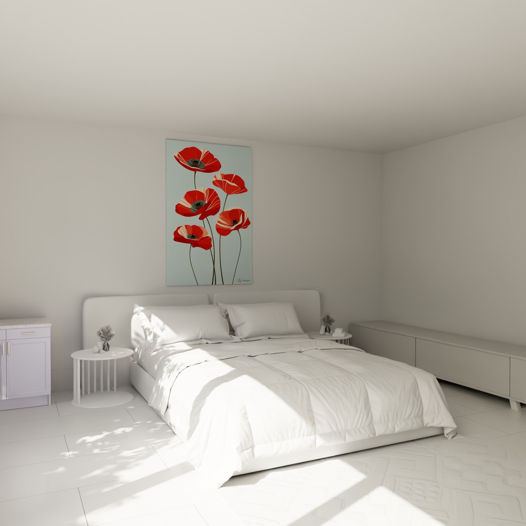 Bouquet de coquelicots rouges et roses aux tiges olive, accroché au-dessus d'un lit dans une chambre claire
