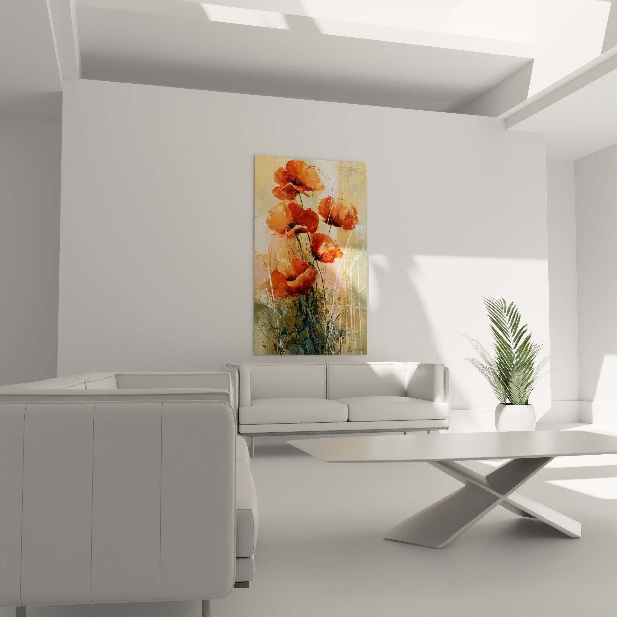 Fleurs de coquelicot orangées et fond doré texturé au-dessus d'un canapé dans un salon lumineux