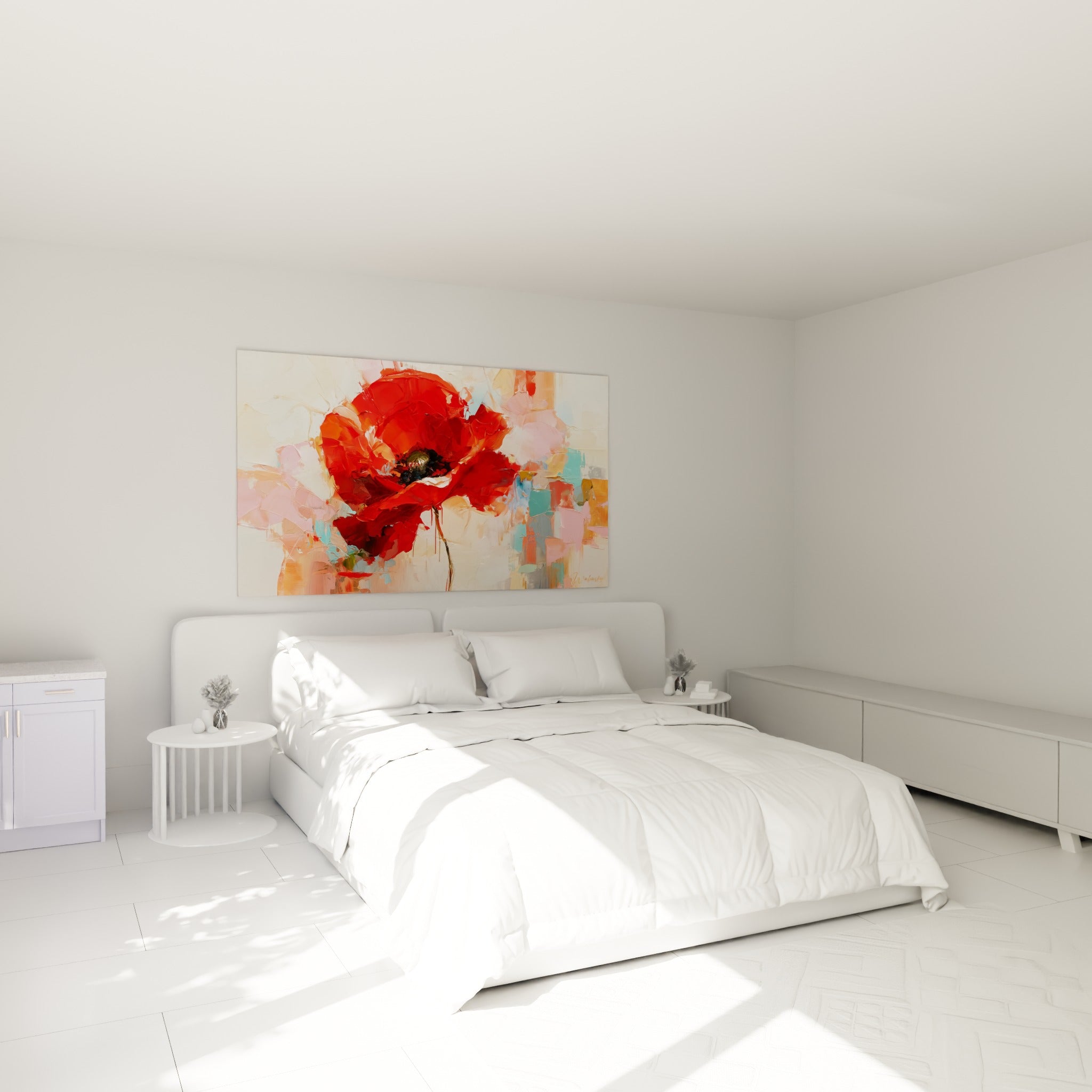 Fleur de coquelicot rouge intense et cœur sombre accrochée au-dessus d'un lit dans une chambre claire