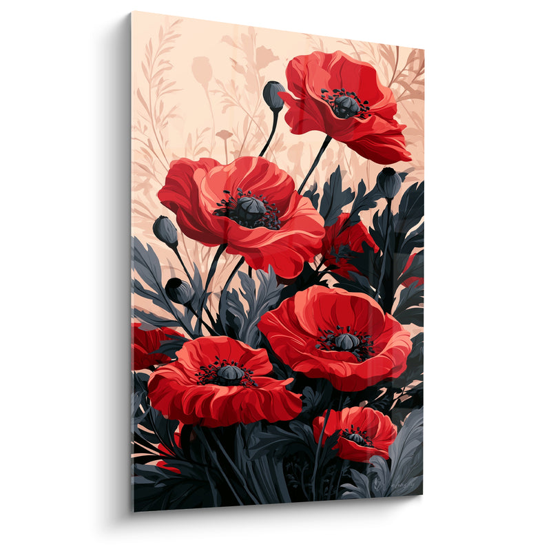 Tableau Coquelicots rouges et feuillage anthracite silhouetté - Capsules graphiques ombrées - Edition Coquelicot