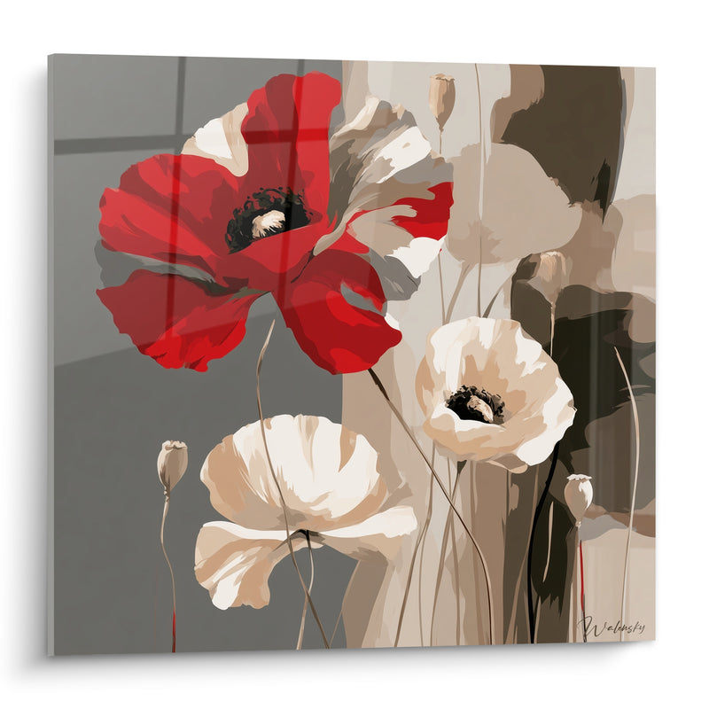Tableau Coquelicots rouge et ivoire aux capsules graphiques - Contraste graphique - Edition Coquelicot