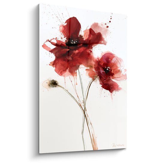 Deux coquelicots rouges et roses en aquarelle éclaboussée sur fond blanc crème, tiges dorées entrelacées
