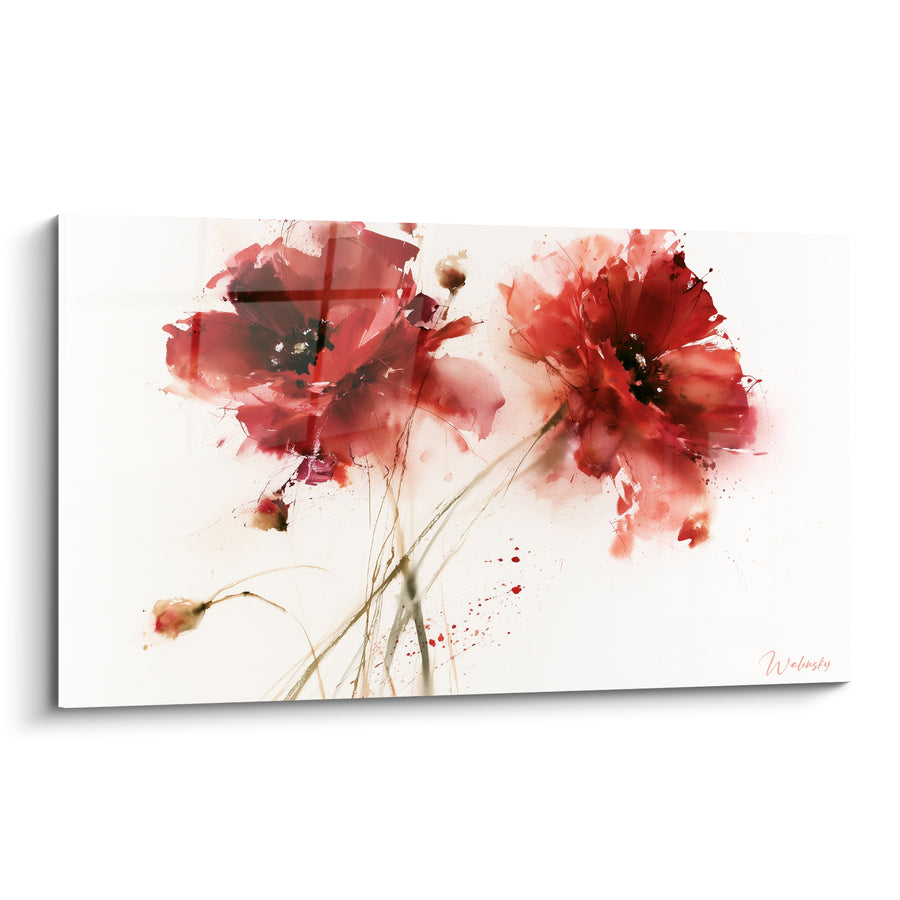 Tableau Coquelicots rouges et blancs aux éclaboussures diluées - Bouton penché isolé - Edition Coquelicot