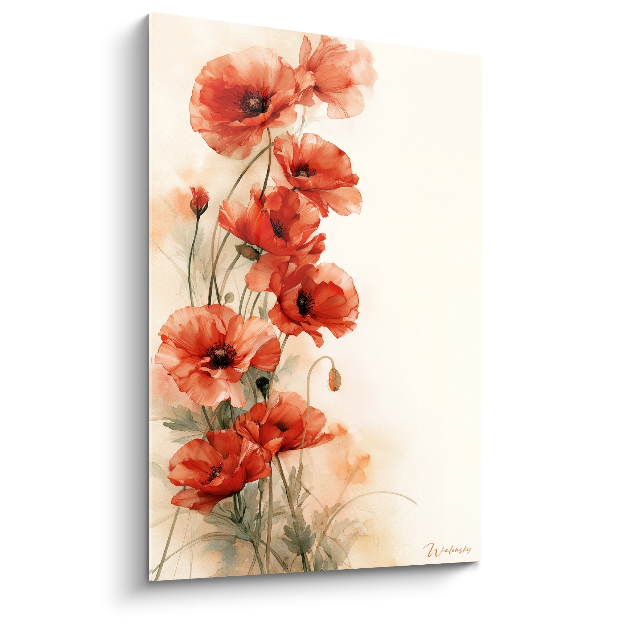Coquelicots rouge corail et vert sauge en aquarelle sur fond ivoire, pétales translucides et fluides