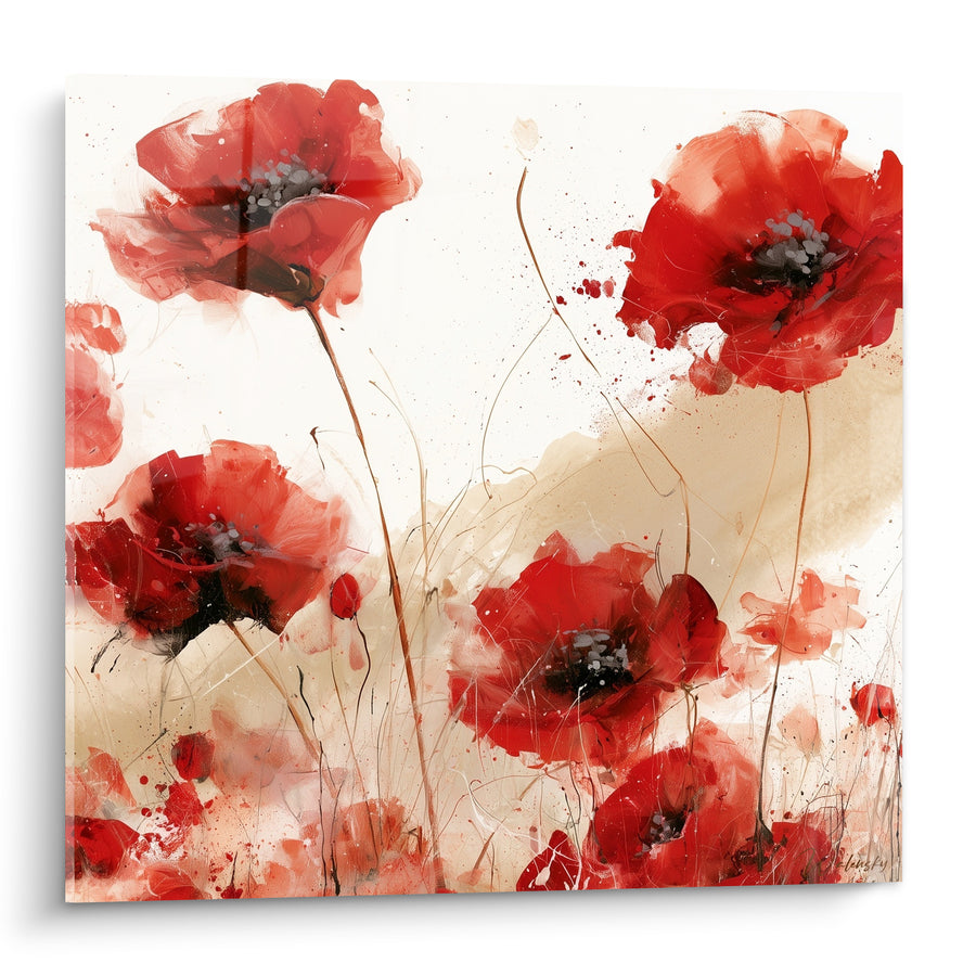 Tableau Coquelicots rouges et beige aux tiges filiformes - Éclaboussures d'encre noire - Edition Coquelicot
