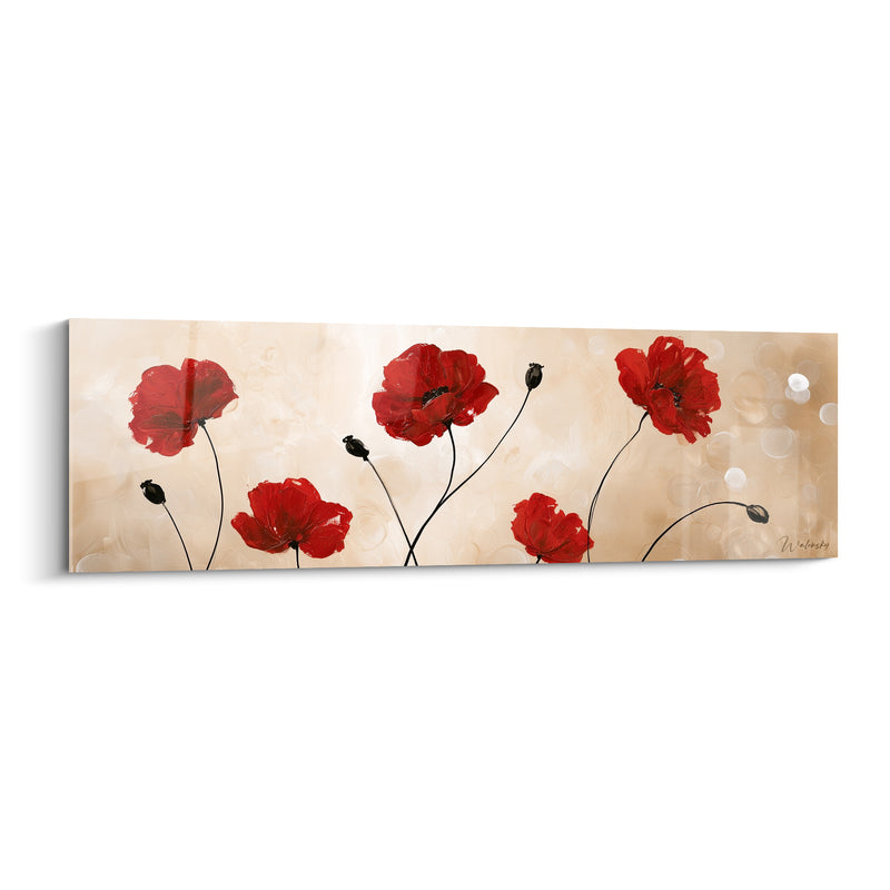 Tableau Coquelicots rouges et beige aux bulles lumineuses - Bulles dorées floues - Edition Coquelicot