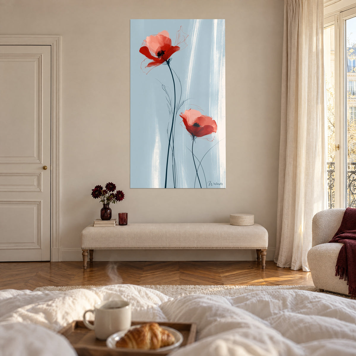 Wall art bouquet of two bright red and salmon pink poppies, slender dark stems, bluish background, above a bed in a bright bedroom