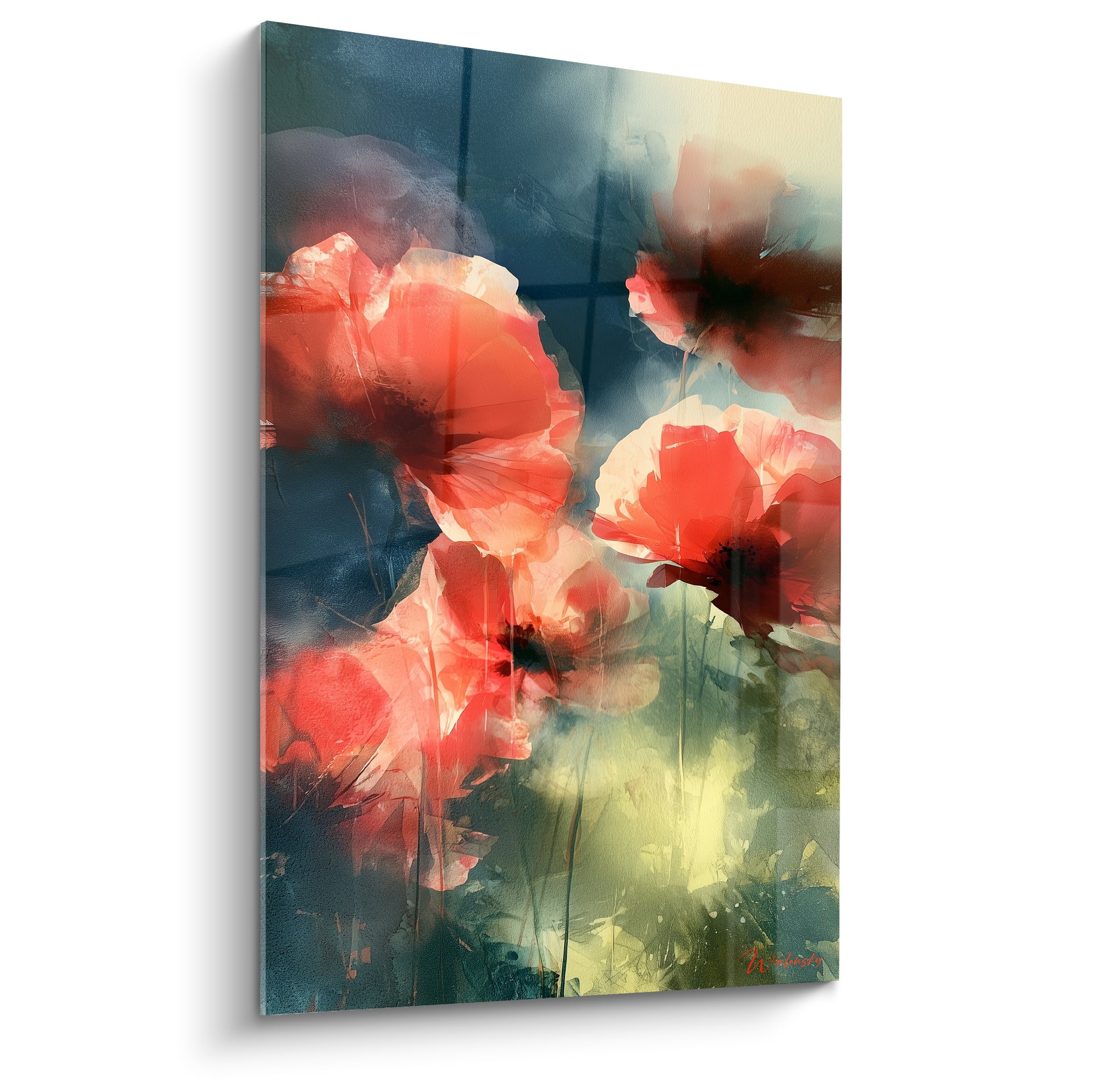 Coquelicots rouges déployés sur fond bleu marine, pétales aux tons roses et cœurs sombres
