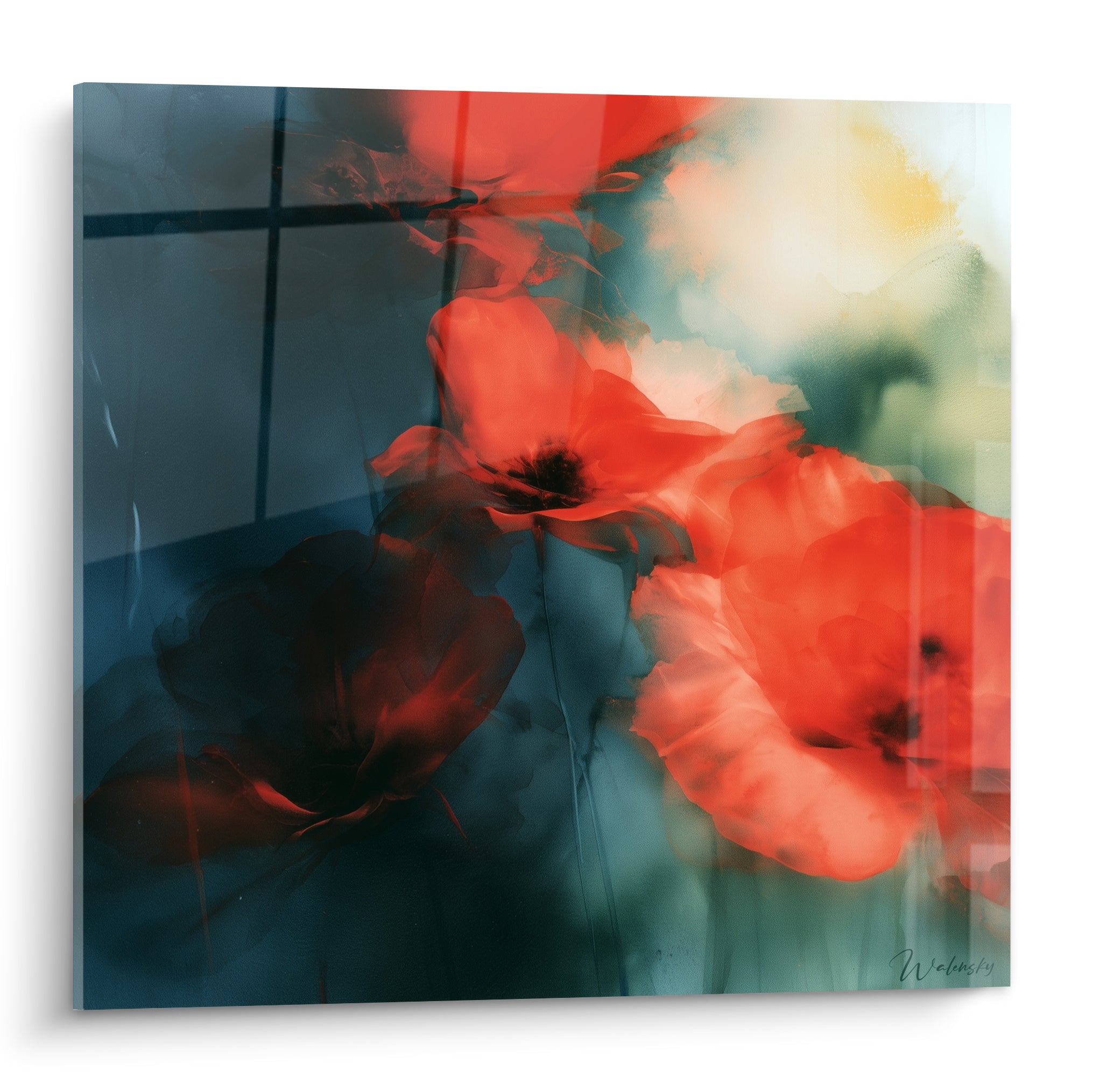 Coquelicots rouges translucides émergent d'un fond bleu marine et ocre doré en tableau mural