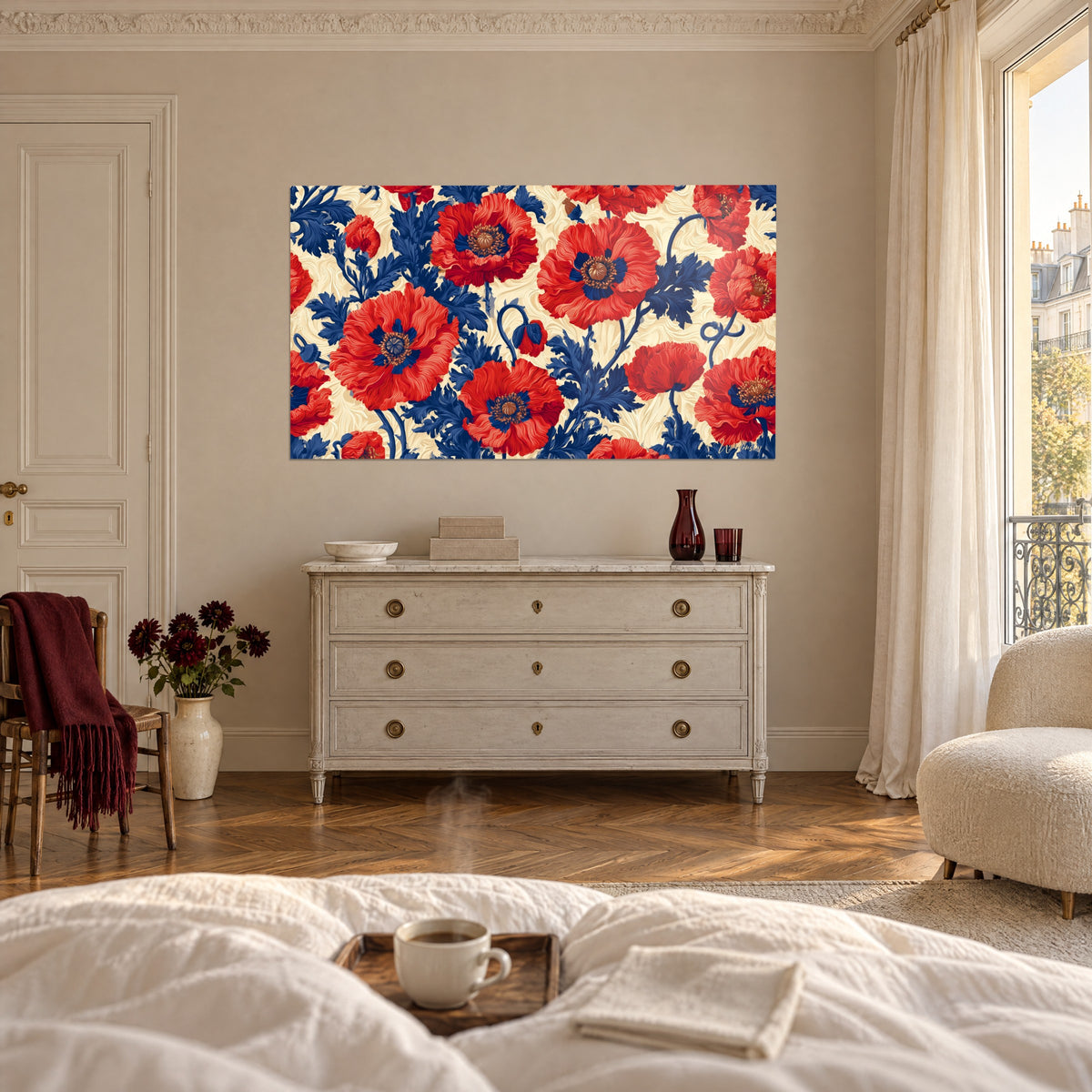 Wall art of a bouquet of vermilion poppies and navy acanthus on an ivory background, above a bed in a bright bedroom