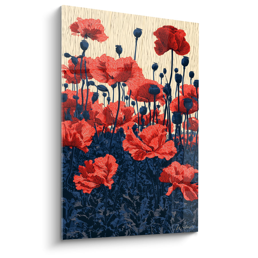Leinwand Rote Mohnblumen und Marineblau auf Feld - Wilde Blüte - Edition Mohnblume