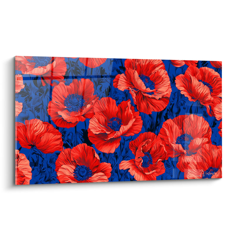 Tableau Coquelicots rouges et bleu roi aux cœurs saturés - Motif floral dense - Edition Coquelicot