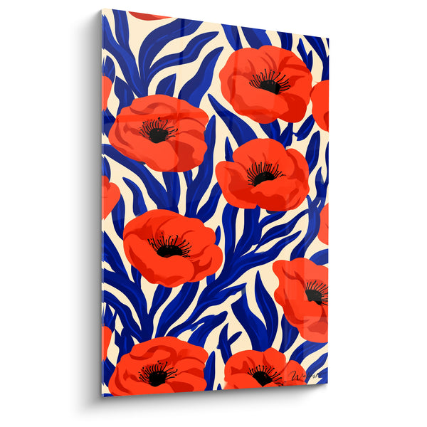 Red Poppies and Royal Blue with Stylized Leaves Artwork - Stylized Floral Decorative Motif - Poppy Edition