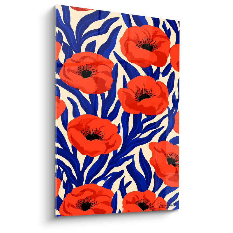 Tableau Coquelicots rouges et bleu roi aux feuilles stylisées - Motif décoratif floral - Edition Coquelicot