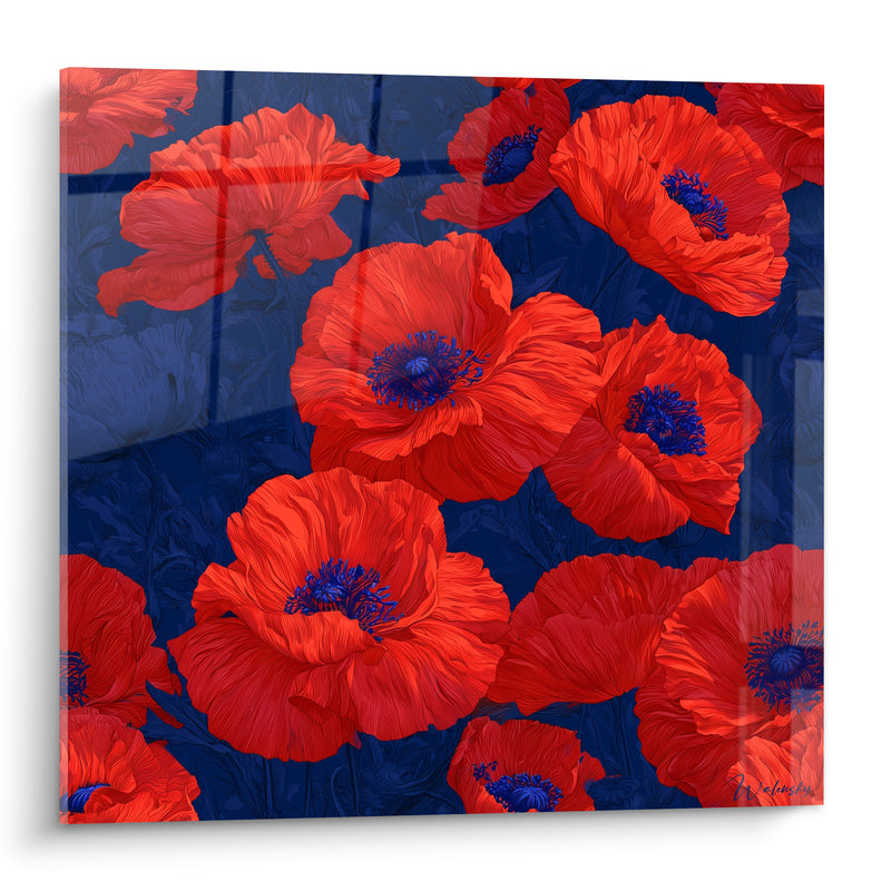 Tableau Coquelicots rouges et bleu marine aux pistils filiformes - Pétales aux nervures fines - Edition Coquelicot