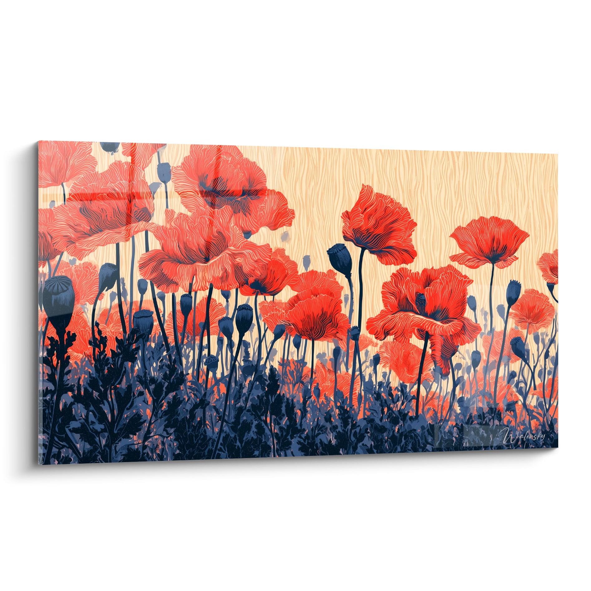 Coquelicots rouges aux pétales striés se déploient sur fond ocre et bleu marine graphique