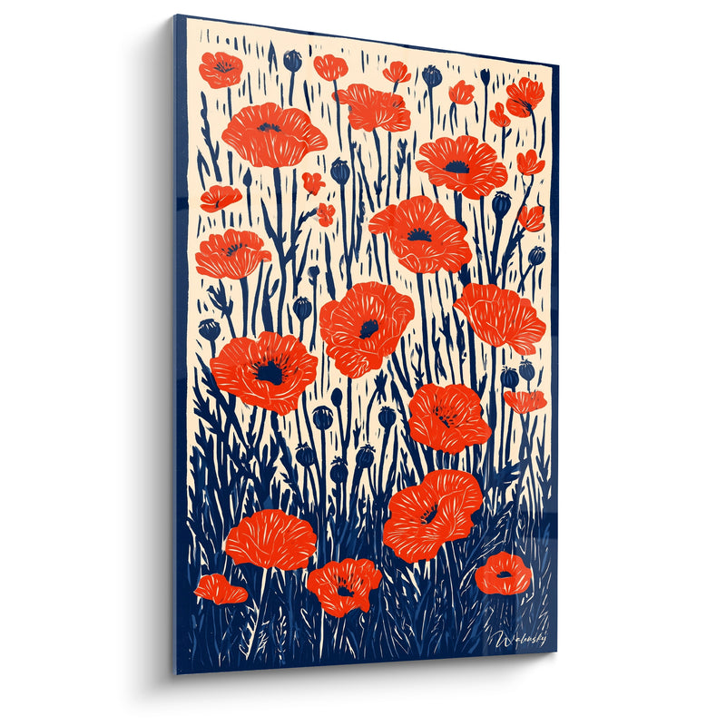 Tableau Coquelicots rouges tiges bleu marine gravées - Champ en éveil - Edition Coquelicot