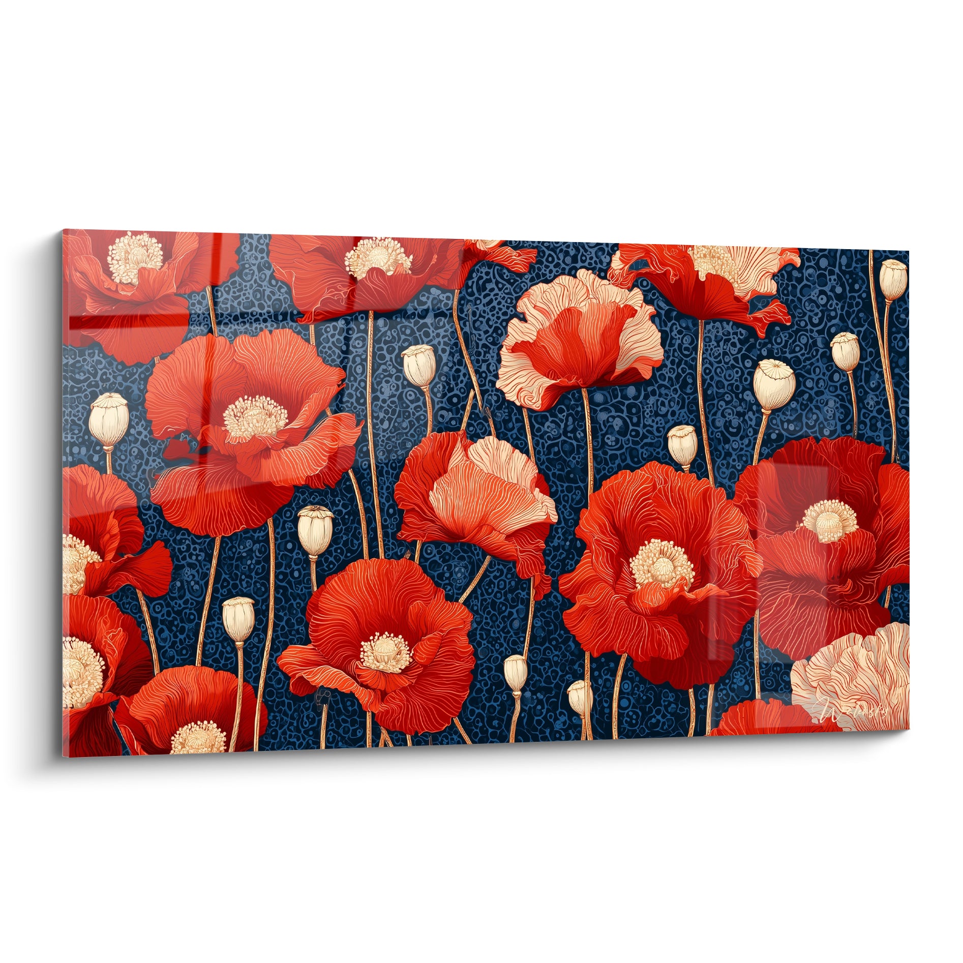 Coquelicots rouge vermillon et crème sur fond bleu marine texturé, illustration botanique dense