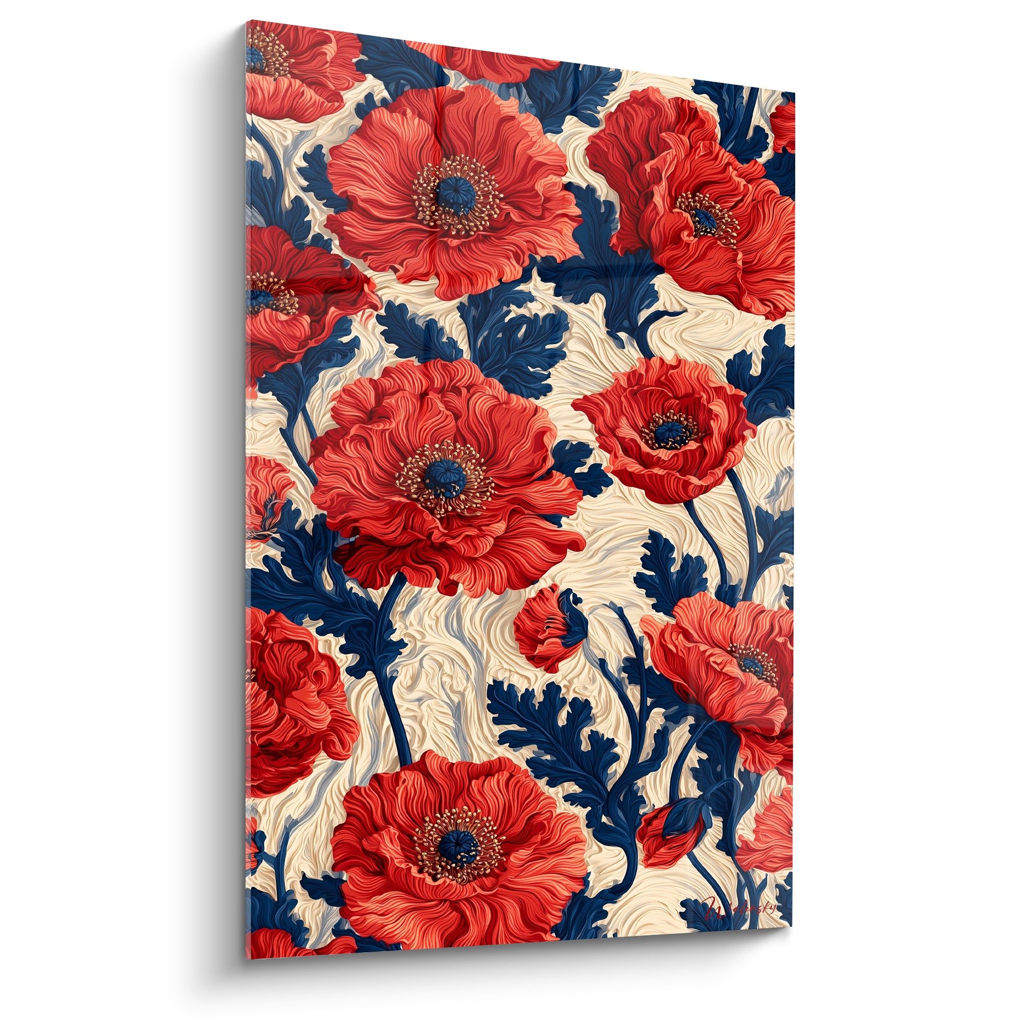 Coquelicots rouges et corail aux cœurs bleu marine sur fond ivoire texturé et ondulé