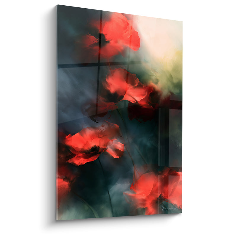 Tableau Coquelicots rouges et gris devant une fenêtre voilée - Vitre quadrillée sombre - Edition Coquelicot