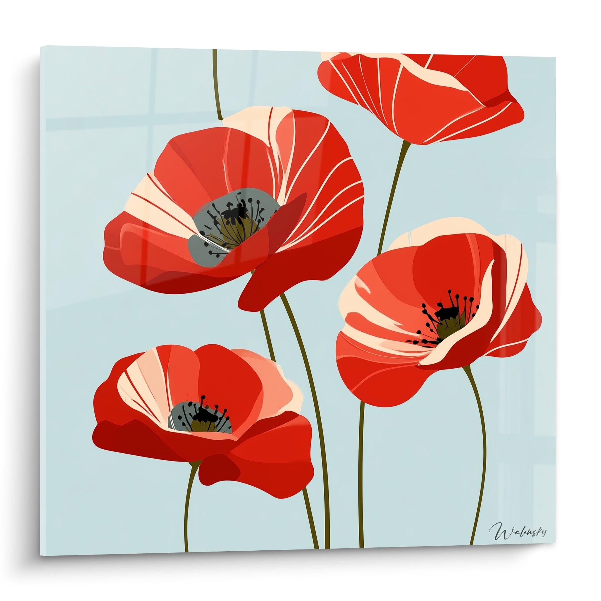 Coquelicots rouges et crème aux nervures blanches se déploient sur un fond bleu pastel lumineux